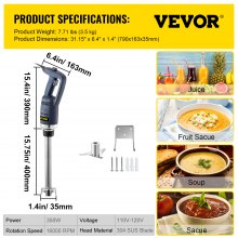 VEVOR Commercial Immersion Blender 350W Power, Hand Held Mixer with 15.7-Inch 304 Stainless Steel Removable Shaft, Electric Stick Blender Constant Speed 16000RPM