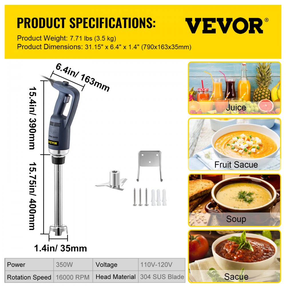 VEVOR Commercial Immersion Blender 350W Constant Speed Commercial Hand Blender with 15.7-Inch Removable Blender Shaft Industrial Immersion Blender Hand Immersion Blender for Commercial Use