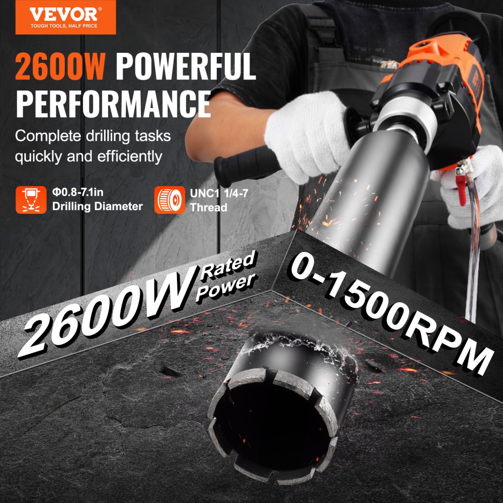 VEVOR Core Drill Machine 2.03-18 cm Dia 2600W Handheld Core Drill Rig for Mixing