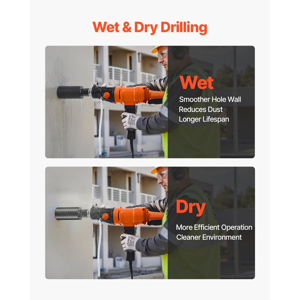 VEVOR Diamond Core Drilling Machine, 200 mm Drilling Diameter, Handheld Dry and Wet Concrete Core Drill Rig with 4 Drill Bits, 1000/2250 RPM 2-Speed, UNC1 1/4-7 Thread, for Concrete Brick Stone, 1500W