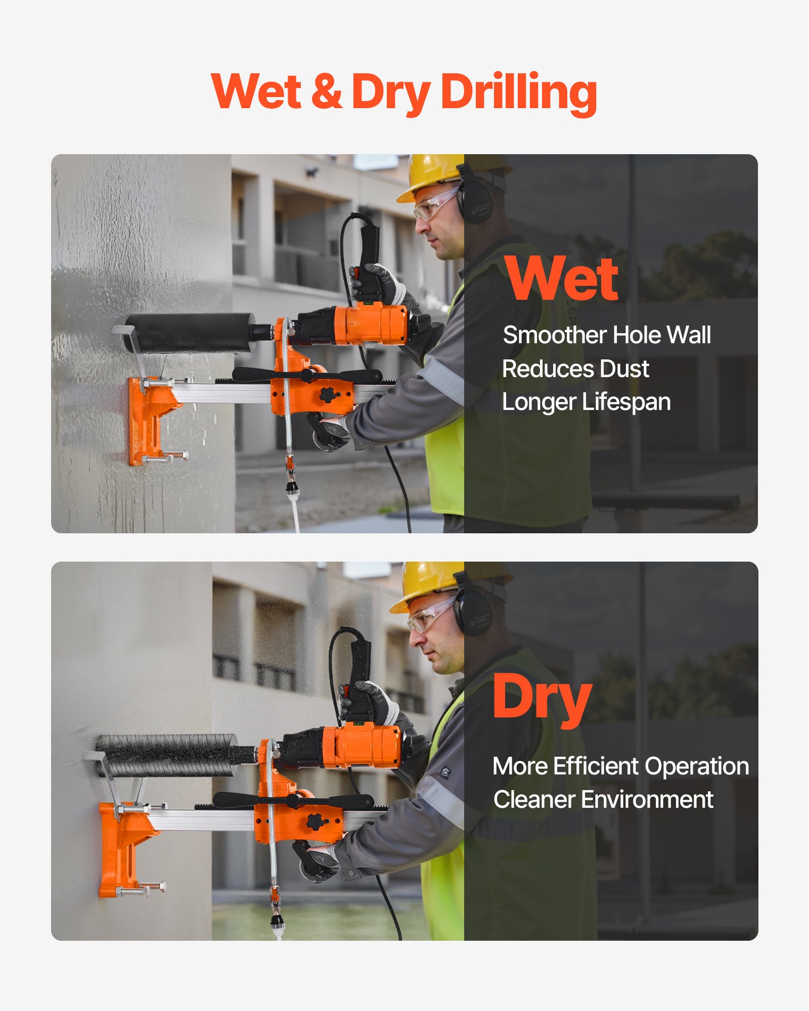 VEVOR Diamond Core Drilling Machine, 200 mm Drilling Diameter, 2-in-1 Handheld & Stand-Mount Dry and Wet Concrete Core Drill Rig with 4 Bits, 1000/2250 RPM 2-Speed, for Concrete Brick Stone, 1500W