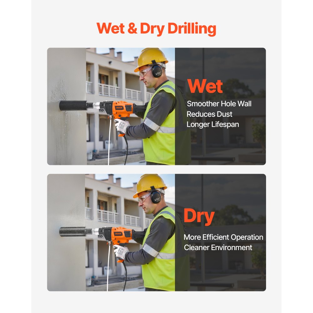 VEVOR Diamond Core Drilling Machine, 20-160 mm Drilling Diameter, Handheld Dry and Wet Concrete Core Drill Rig with 4 Drill Bits, 0-1800RPM Variable Speed, UNC1 1/4-7, for Concrete Brick Stone, 2000W