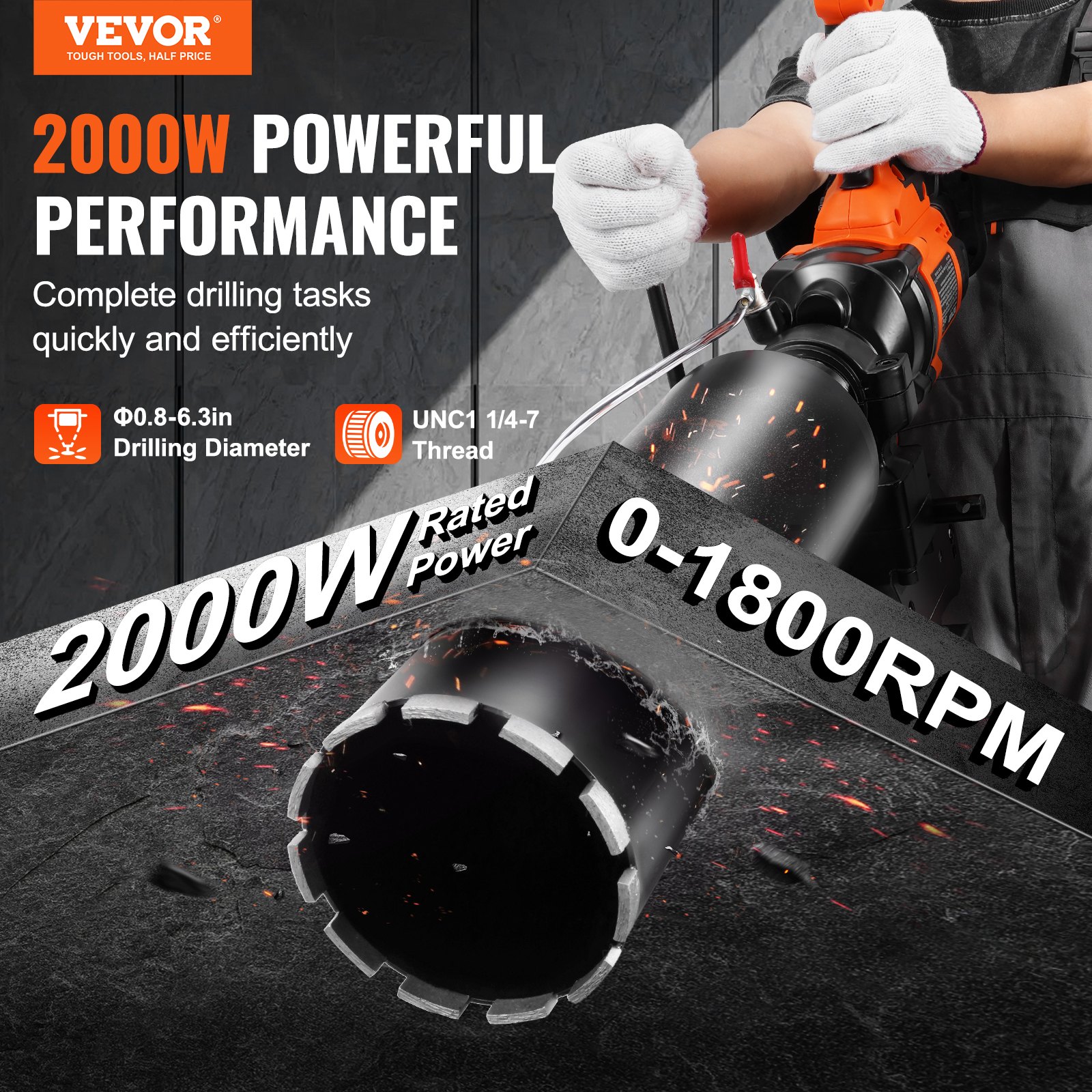 VEVOR Core Drill Machine, 0.8-6.3in Drilling Diameter Handheld Diamond Core Drill Rig with Stand and Core Drill Bit, 2000W Rugged Concrete Core Drill, Wet and Dry Use, For Concrete, Brick, Marble