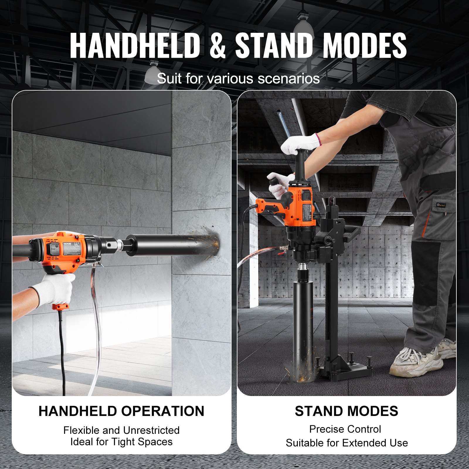 VEVOR Core Drill Machine, 0.8-6.3in Drilling Diameter Handheld Diamond Core Drill Rig with Stand and Core Drill Bit, 2000W Rugged Concrete Core Drill, Wet and Dry Use, For Concrete, Brick, Marble