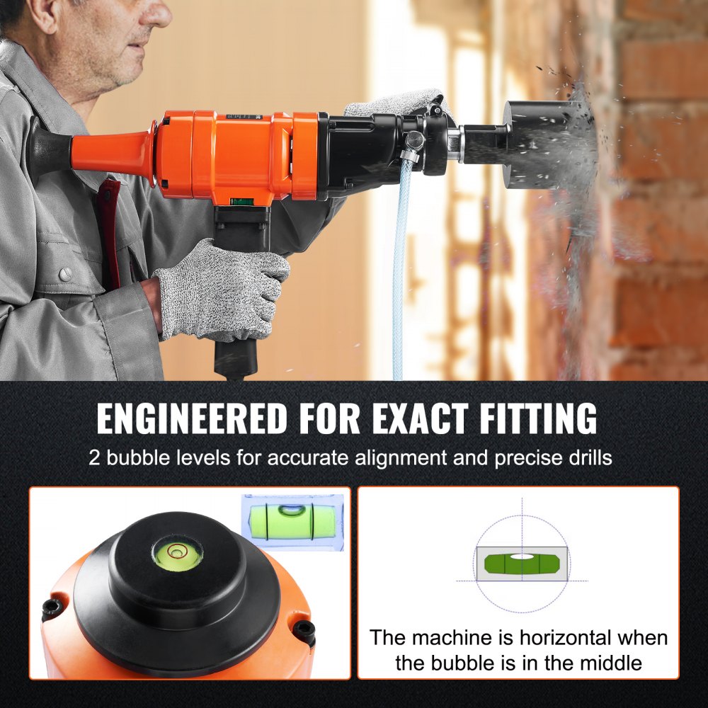 VEVOR Diamond Core Drilling Machine, 10.2 cm Handheld Wet Concrete Core Drill Rig, 1100-2400RPM Two Speed & 1-1/4" Thread & 2 Bubble Levels, 8-10.2 cm Drilling Diameter for Concrete Brick Block Stone, 1500W