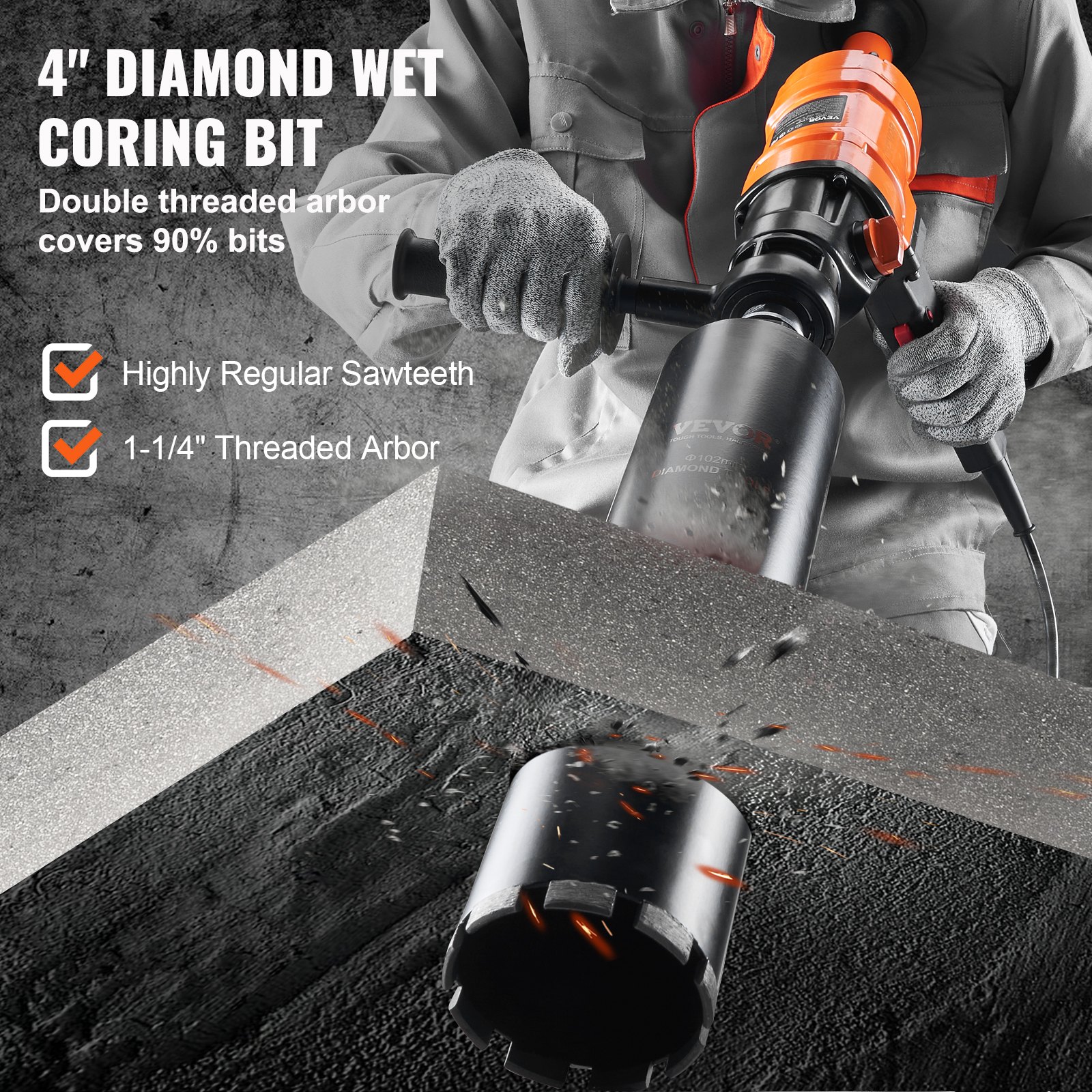 VEVOR Diamond Core Drilling Machine, 10.2 cm Handheld Wet Concrete Core Drill Rig, 1100-2400RPM Two Speed & 1-1/4" Thread & 2 Bubble Levels, 8-10.2 cm Drilling Diameter for Concrete Brick Block Stone, 1500W
