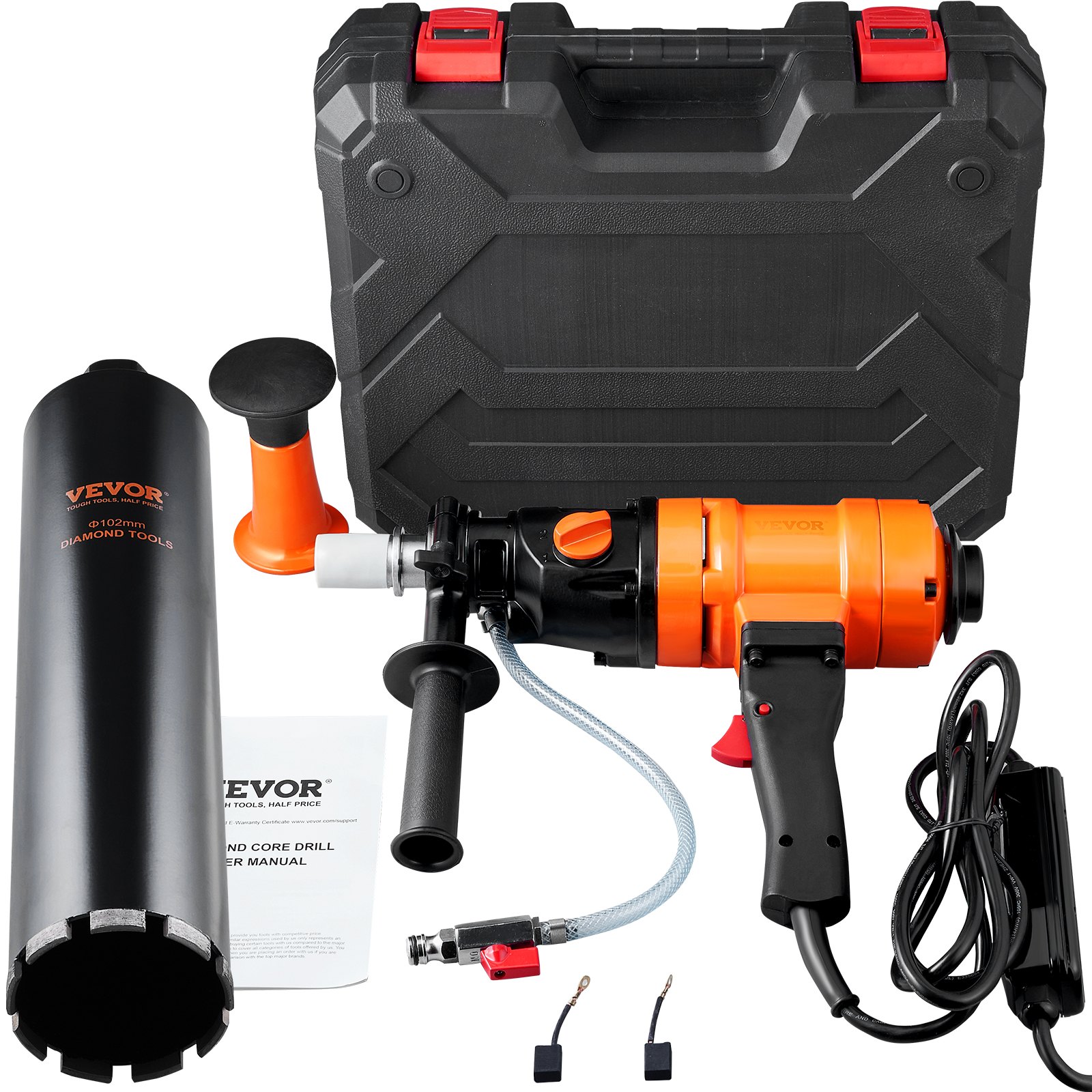 VEVOR Diamond Core Drilling Machine, 10.2 cm Handheld Wet Concrete Core Drill Rig, 1100-2400RPM Two Speed & 1-1/4" Thread & 2 Bubble Levels, 8-10.2 cm Drilling Diameter for Concrete Brick Block Stone, 1500W