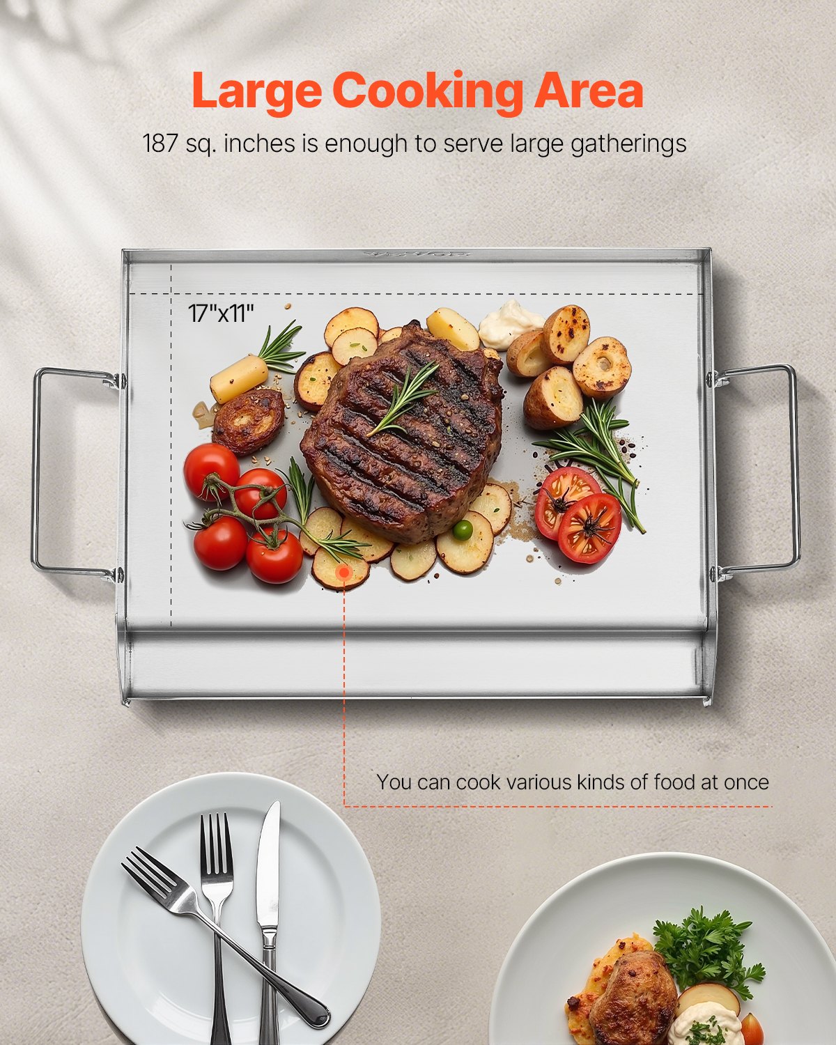 VEVOR Stainless Steel Griddle, 17x13 inch Universal Flat Top Rectangular Plate, Gas Grill Griddle for BBQ Grill, Teppanyaki, Portable Family Cookware with Handle, for Camping Tailgating Party