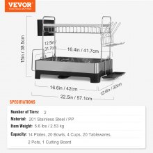 VEVOR 2-lags oppvaskstativ Oppvasktømmer i rustfritt stål kjøkkenredskapsholder