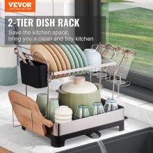 VEVOR Dish Drying Rack, 2 Tier Large Capacity Dish Drainers, Rustproof Stainless Steel Dish Drainer with Drainboard, Storage Space Saver, Cup & Utensil Holder for Kitchen Counter Over The Sink, Silver