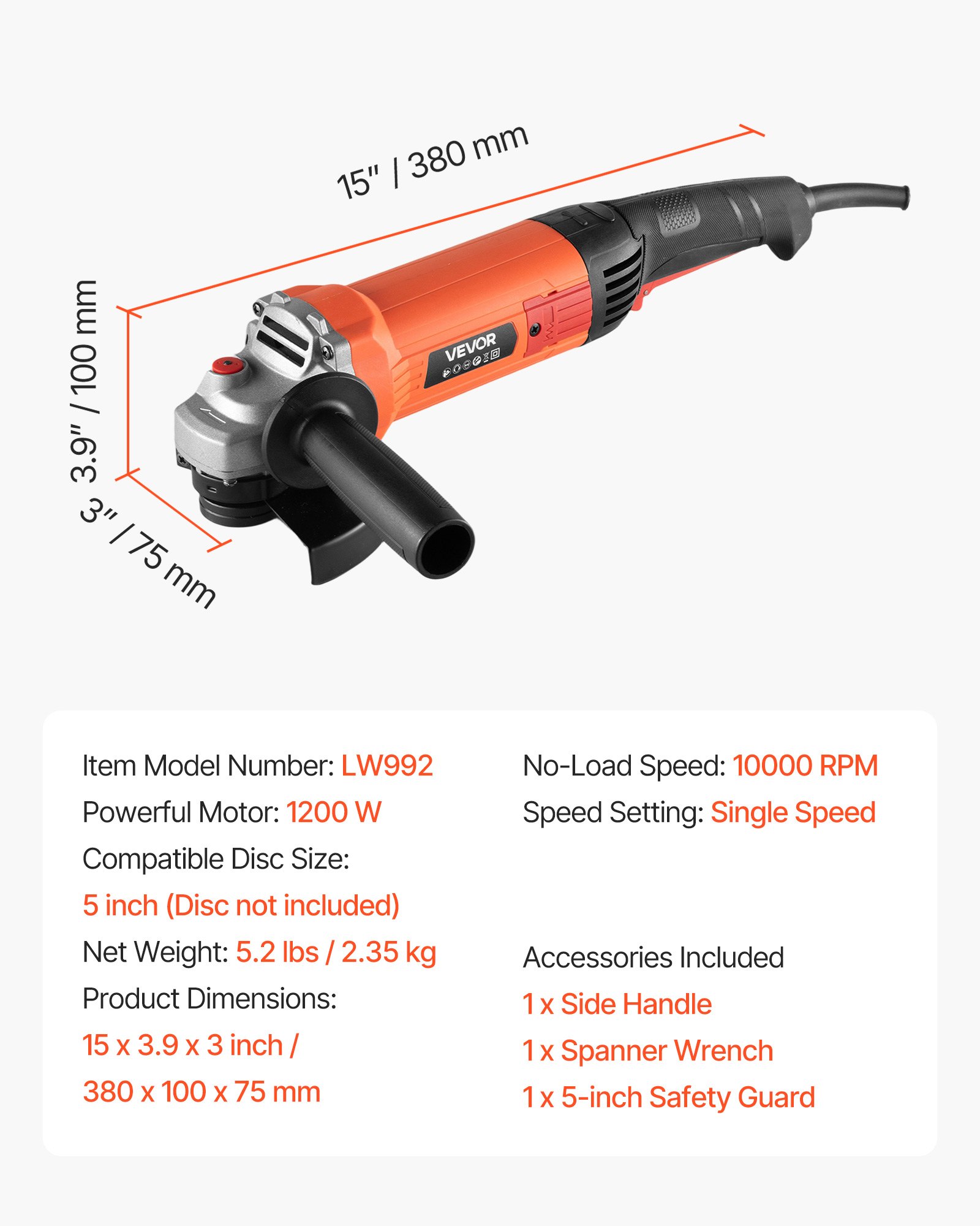 VEVOR Angle Grinder, 127mm Electric Grinder Power Tool, 5.4Amps 10000RPM High-Speed Corded Angle Grinders with Adjustable Dust Guard for Metal Grinding, Cutting, Rust Removal (Disc Not Included)