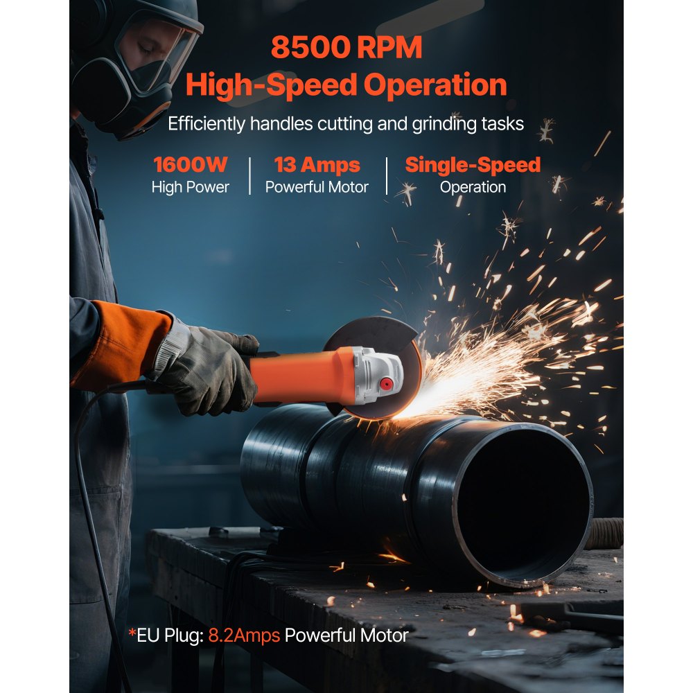 VEVOR Angle Grinder, 177.8mm Electric Grinder Power Tool, 8.2Amps 8500RPM High-Speed Corded Angle Grinders with Adjustable Dust Guard for Metal Grinding, Cutting, Rust Removal (Disc Not Included)