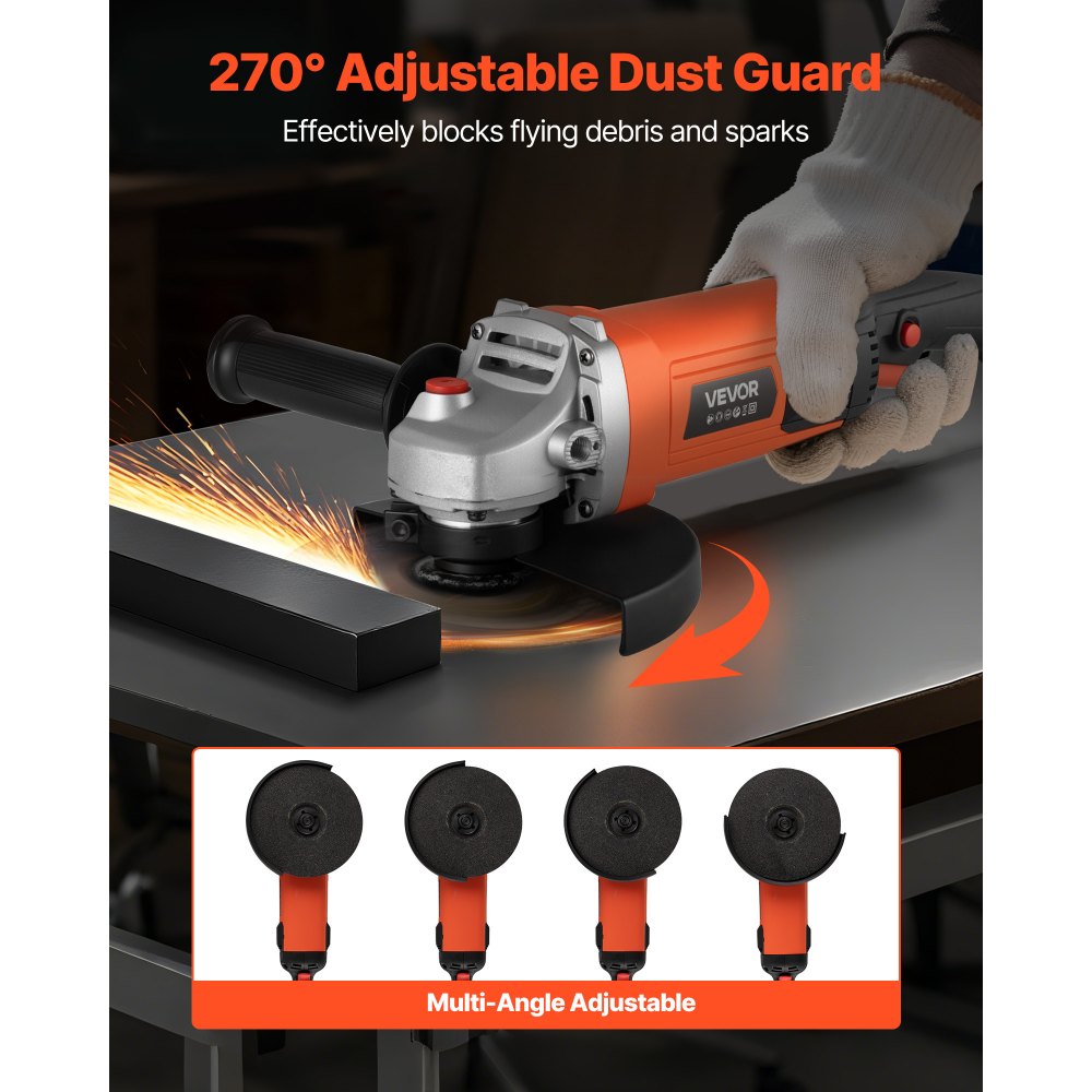VEVOR Angle Grinder, 177.8mm Electric Grinder Power Tool, 8.2Amps 8500RPM High-Speed Corded Angle Grinders with Adjustable Dust Guard for Metal Grinding, Cutting, Rust Removal (Disc Not Included)