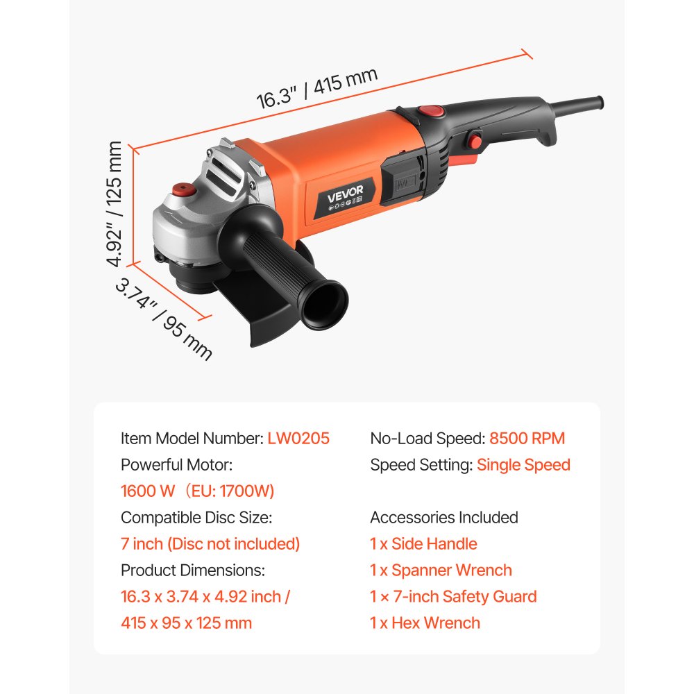VEVOR Angle Grinder, 177.8mm Electric Grinder Power Tool, 8.2Amps 8500RPM High-Speed Corded Angle Grinders with Adjustable Dust Guard for Metal Grinding, Cutting, Rust Removal (Disc Not Included)