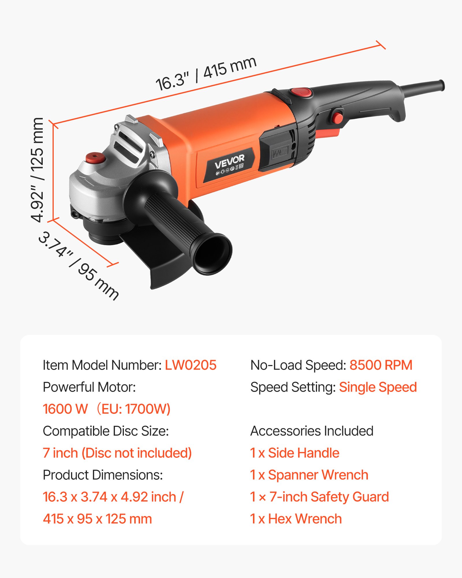 VEVOR Angle Grinder, 177.8mm Electric Grinder Power Tool, 8.2Amps 8500RPM High-Speed Corded Angle Grinders with Adjustable Dust Guard for Metal Grinding, Cutting, Rust Removal (Disc Not Included)