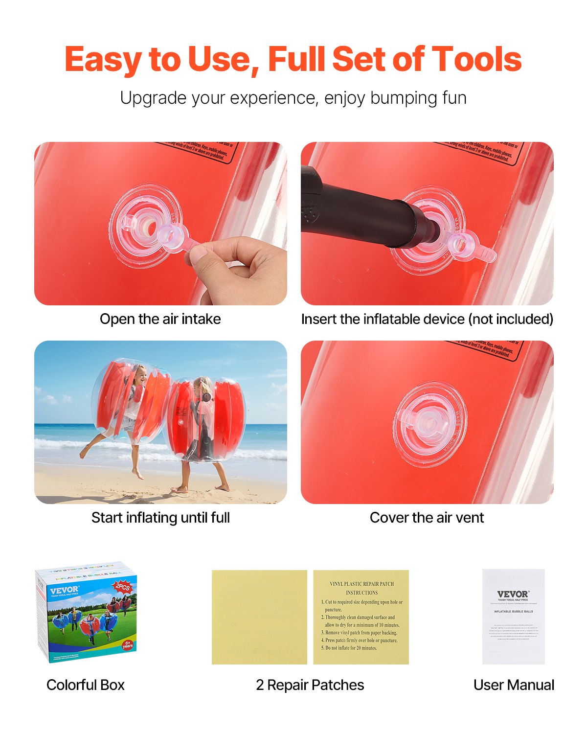 VEVOR Inflatable Bumper Balls 2-Pack, 3FT/0.9M Body Sumo Zorb Ball, Durable Thick PVC Human Hamster Bubble Knocker for Outdoor Sports Team Gaming Play, Bopper Toy for Playground Yard Park, Red Stripes