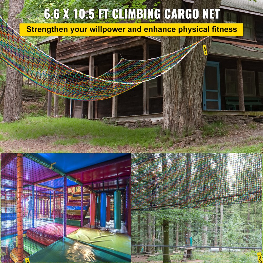 VEVOR Climbing Cargo Net 6.6 x 10.5 ft Playground Climbing Cargo Net Polyester Double Layers Cargo Net Climbing Outdoor w/500lbs Weight Capacity