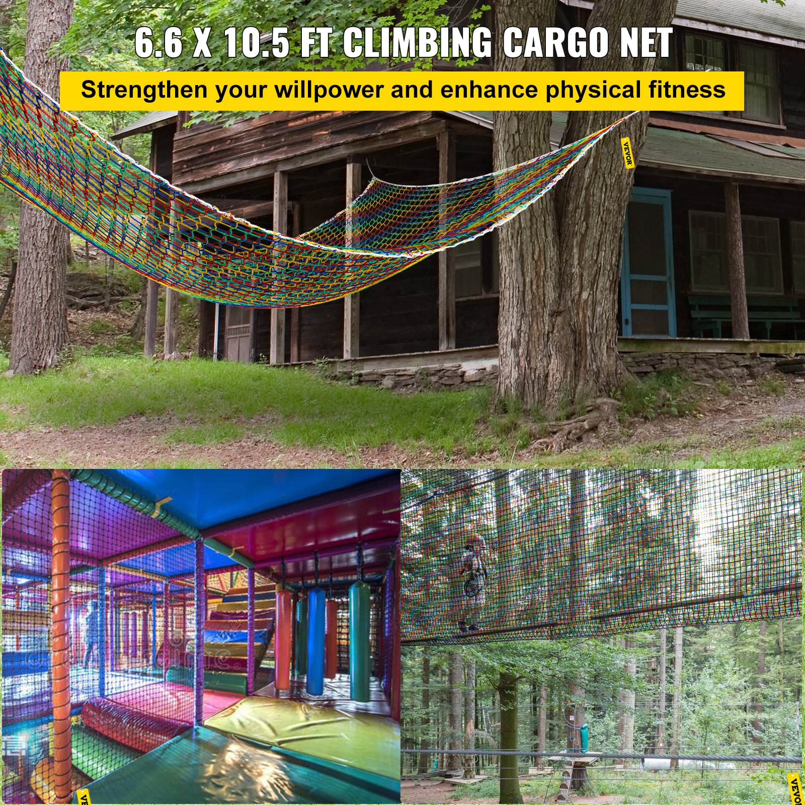 VEVOR Red de carga para escalada, 6.6 x 10.5 pies, red de carga para patio de recreo, red de carga de doble capa de poliéster para escalada al aire libre con capacidad de peso de 500 libras, red de puente de cuerda para casa del árbol, barra de mono, arco iris