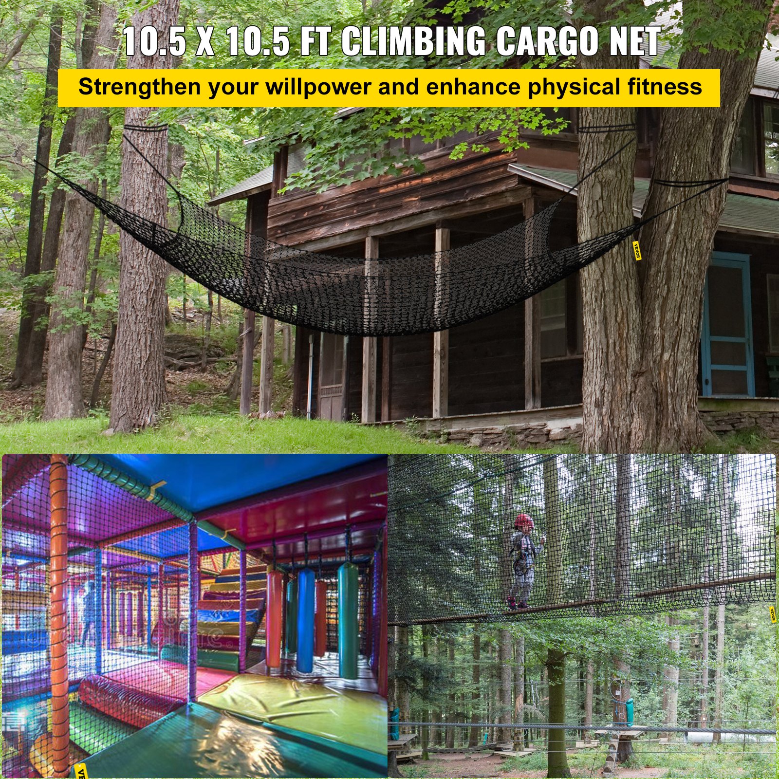 VEVOR Red de carga para escalada, 10.5 x 10.5 pies, red de carga para patio de juegos, red de carga de doble capa de poliéster para escalada al aire libre con capacidad de peso de 500 libras, red de puente de cuerda para casa en el árbol, barra de mono, negro