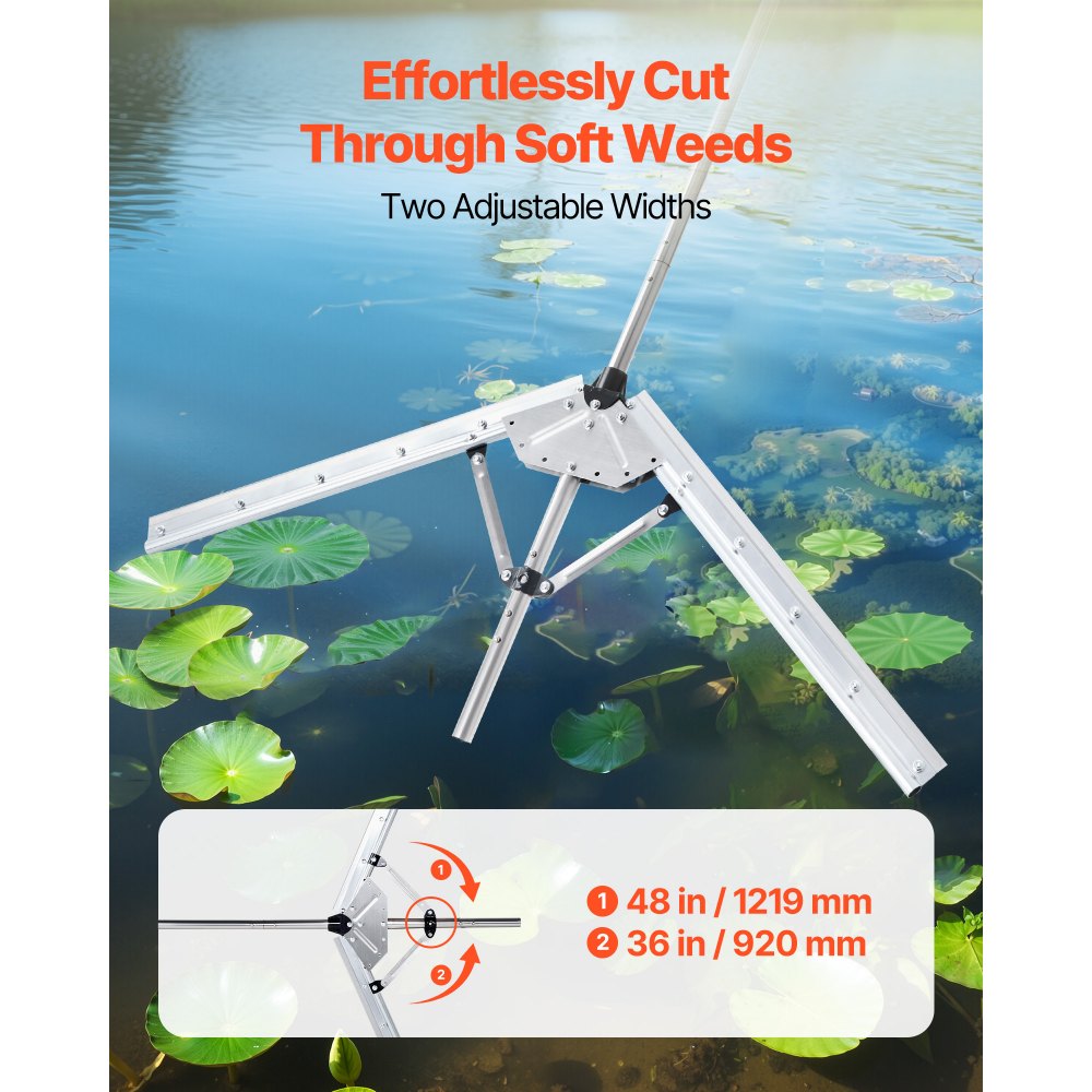 VEVOR Lake Weed Cutter, Pond Aquatic Plant Cutting Tool with 1.21 m Max. Cut Width, Sharp and Heavy-Duty Steel Blades, Pond Rake with 9 m Throw Rope, for Cattail, Phragmites, Lilly Pads and Chara
