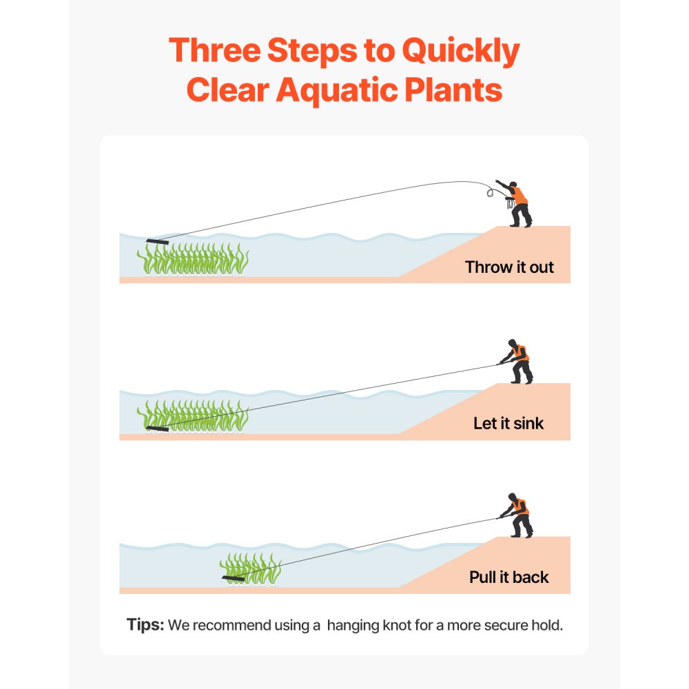 VEVOR 24 in Aquatic Weed Rake, 8.7 in Double Sided Lake Weed Rake, Pond Weeds Cutter with 30ft Rope, Tie Hole, No Assembly Required, Lightweight Muck Lilypad Clearing Tool for Pond, Lake, Rivulet