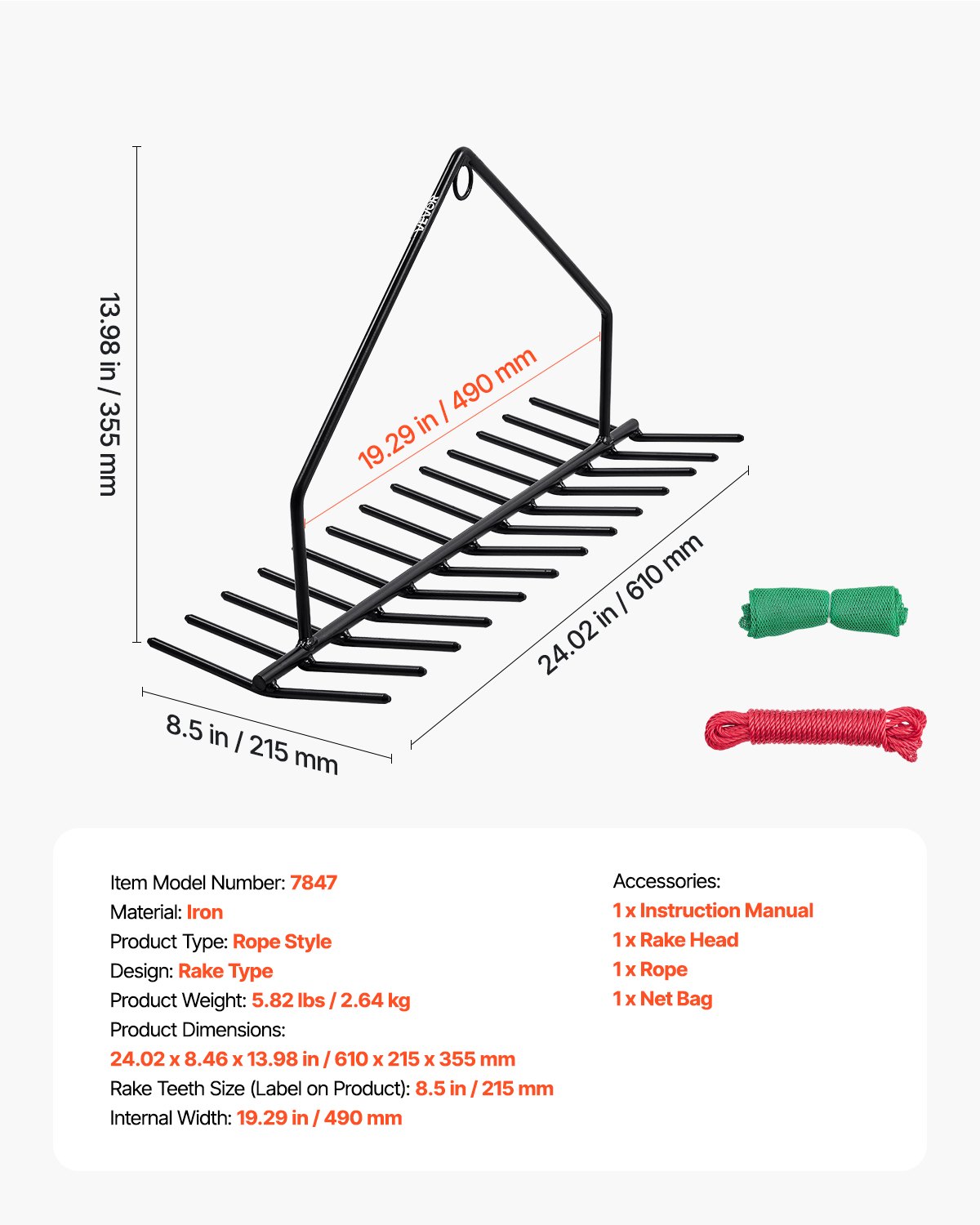 VEVOR 24 in Aquatic Weed Rake, 8.7 in Double Sided Lake Weed Rake, Pond Weeds Cutter with 30ft Rope, Tie Hole, No Assembly Required, Lightweight Muck Lilypad Clearing Tool for Pond, Lake, Rivulet