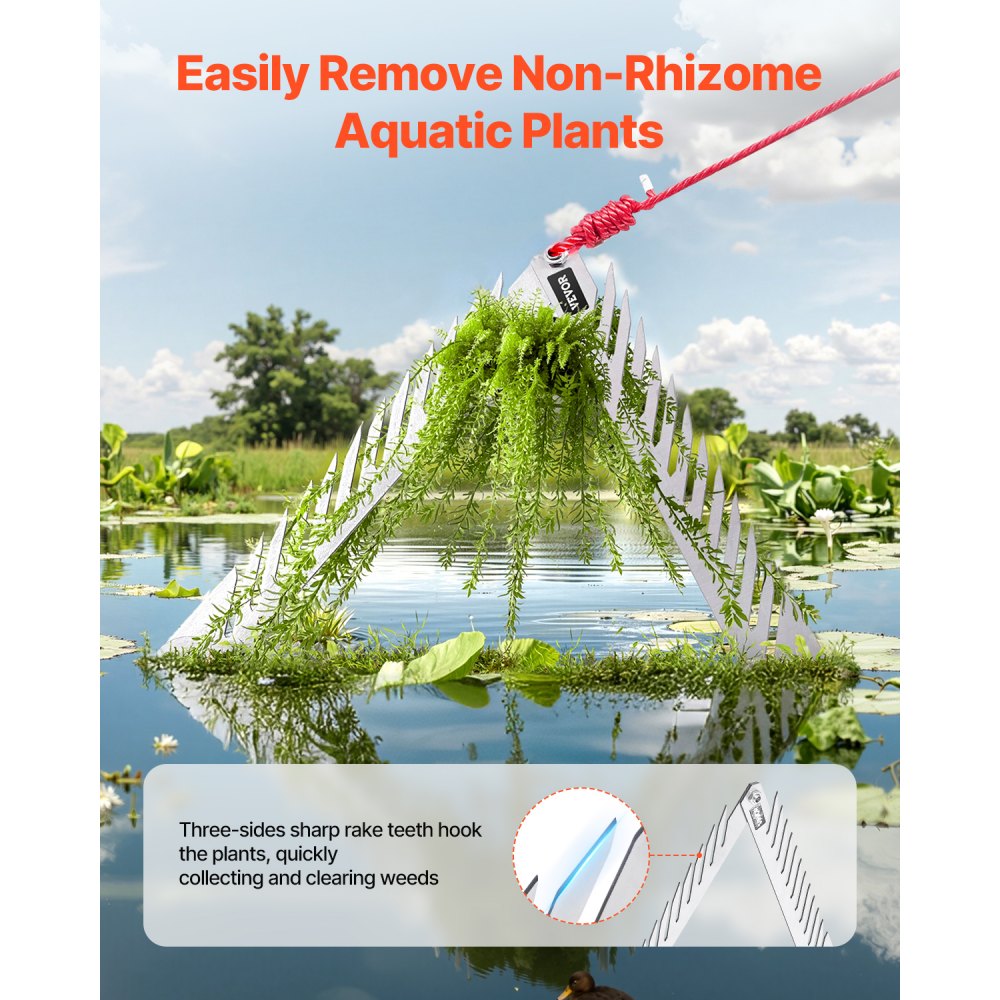 VEVOR 24in Aquatic Weed Rake, 3-Sided Lake Weed Rake with Handle, Portable and Foldable Pond Water Grass Razor, Stainless Steel Throwable Floating Pond Weeds Cutter with 30 ft Rope, for Lakes Ponds