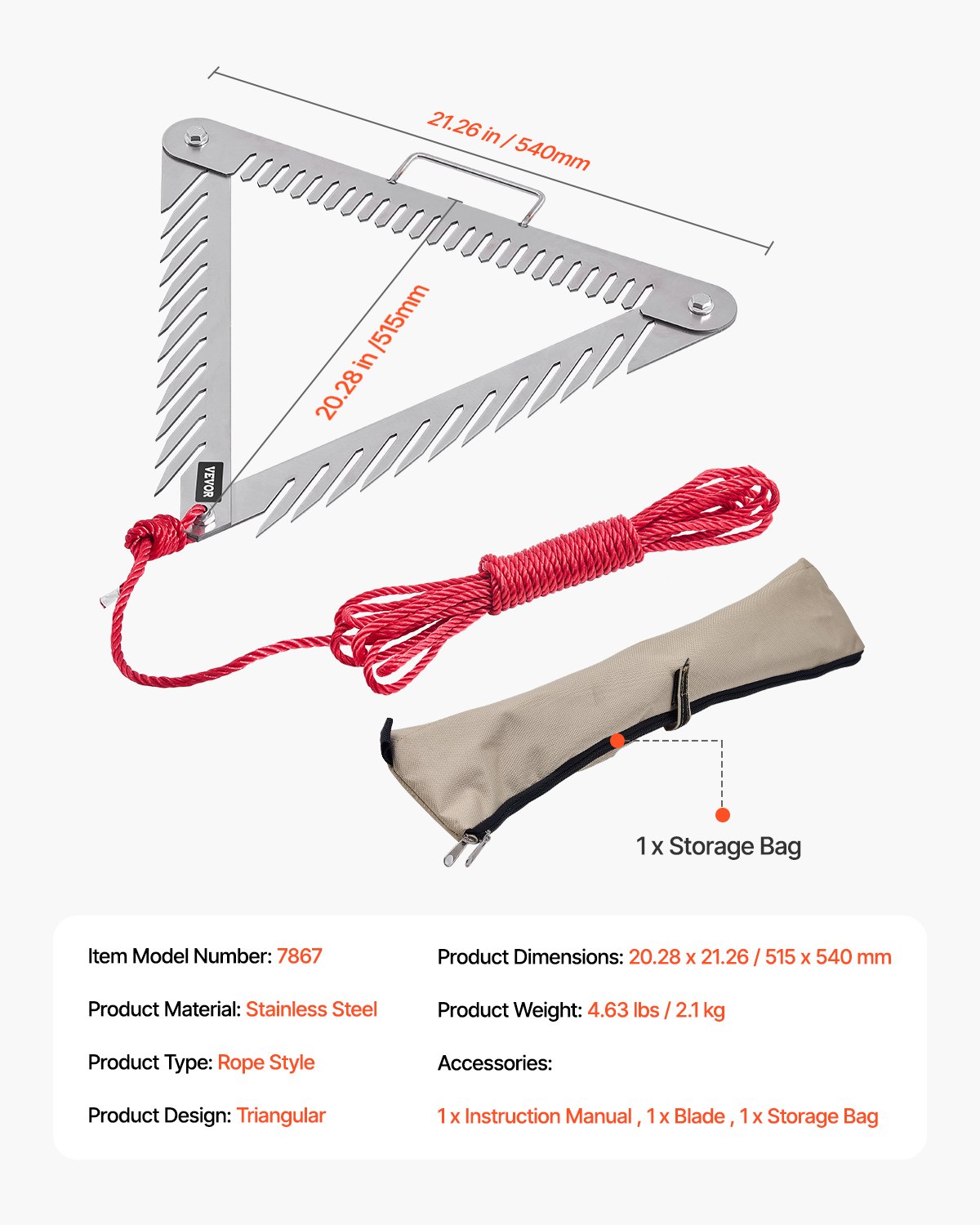 VEVOR 24in Aquatic Weed Rake, 3-Sided Lake Weed Rake with Handle, Portable and Foldable Pond Water Grass Razor, Stainless Steel Throwable Floating Pond Weeds Cutter with 30 ft Rope, for Lakes Ponds