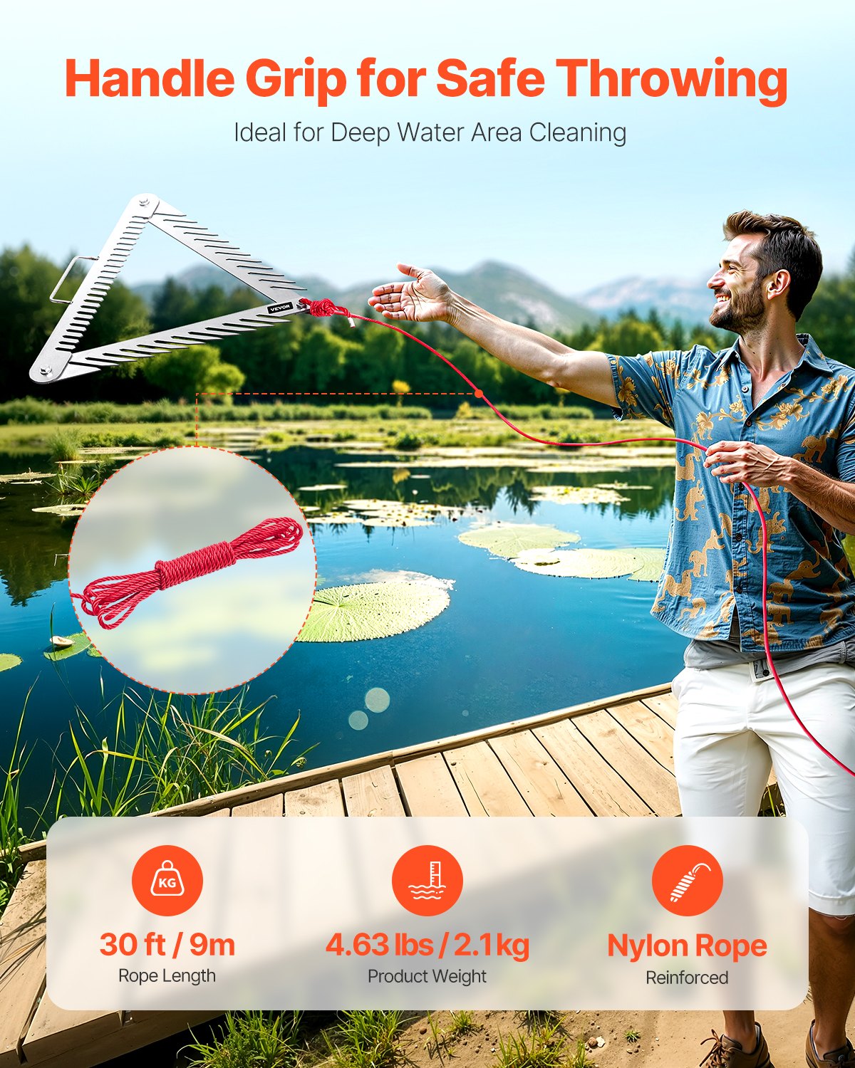 VEVOR 24in Aquatic Weed Rake, 3-Sided Lake Weed Rake with Handle, Portable and Foldable Pond Water Grass Razor, Stainless Steel Throwable Floating Pond Weeds Cutter with 30 ft Rope, for Lakes Ponds