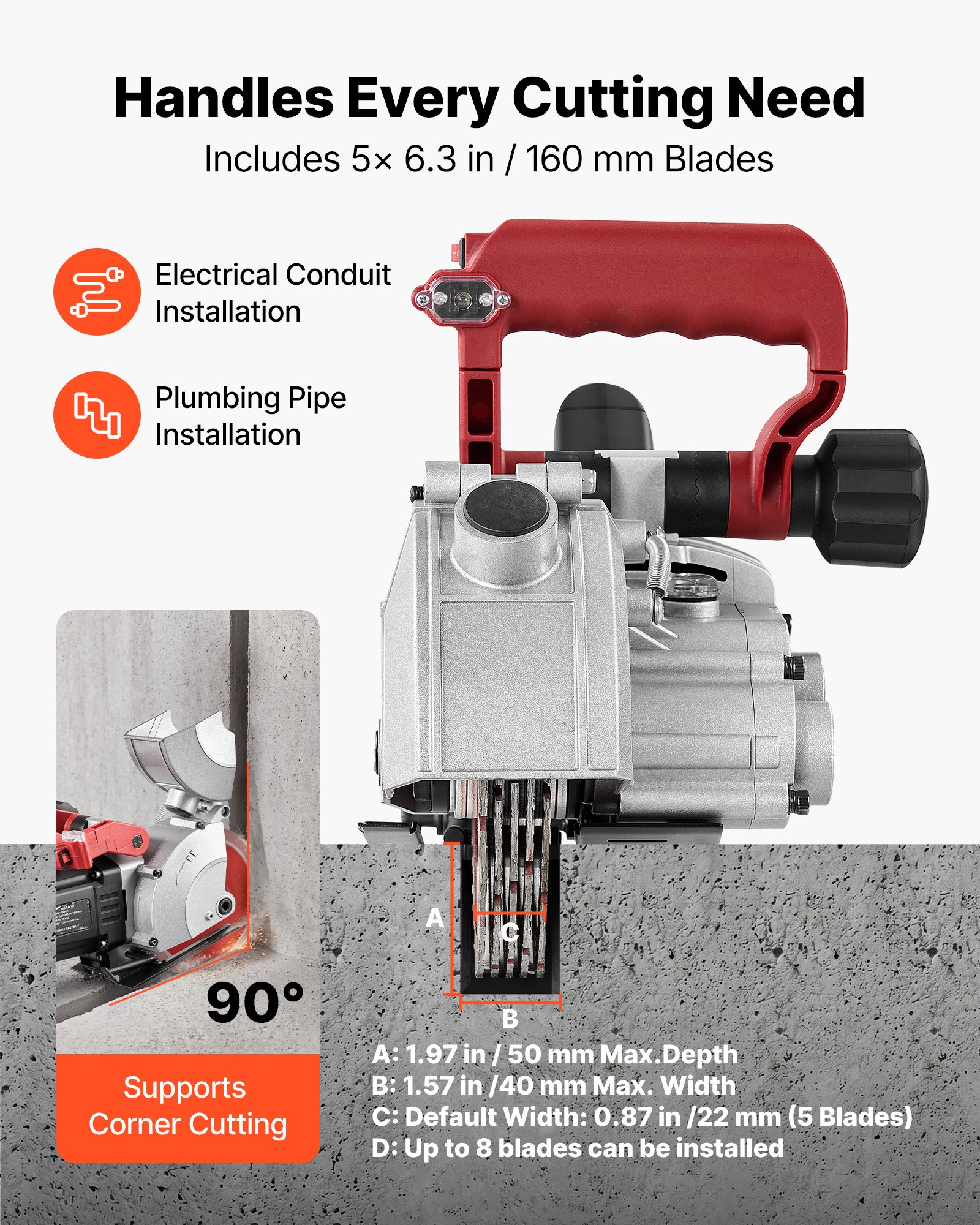 VEVOR Wall Chaser, 5000W Electric Wall Groove Cutting Machine, 5460 RPM Max Speed, Concrete Slotting Cutter with Guide Line, 5 pcs Blades, Adjustable Handle for Cutting Grooves in Brick, Concrete