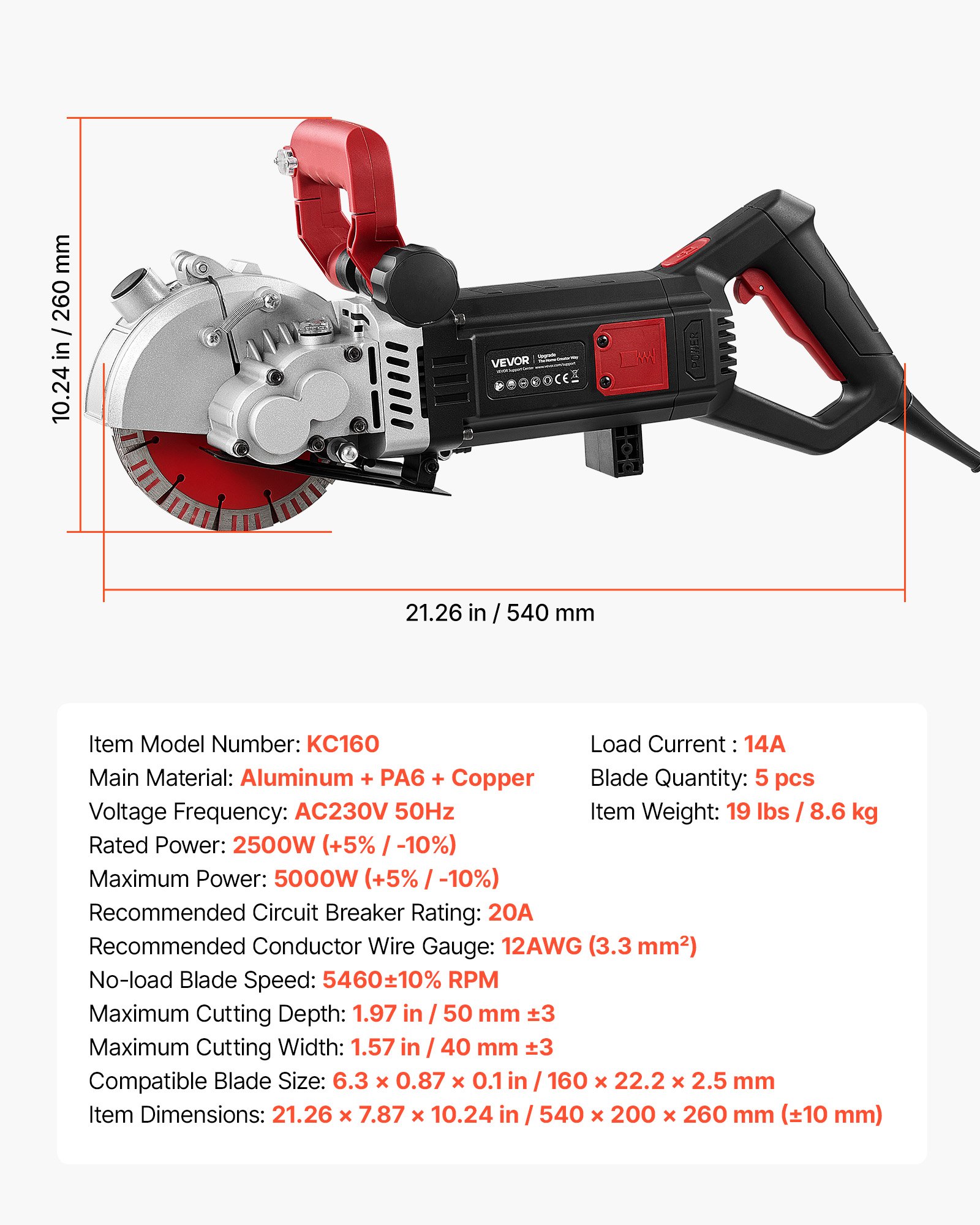 VEVOR Wall Chaser, 5000W Electric Wall Groove Cutting Machine, 5460 RPM Max Speed, Concrete Slotting Cutter with Guide Line, 5 pcs Blades, Adjustable Handle for Cutting Grooves in Brick, Concrete