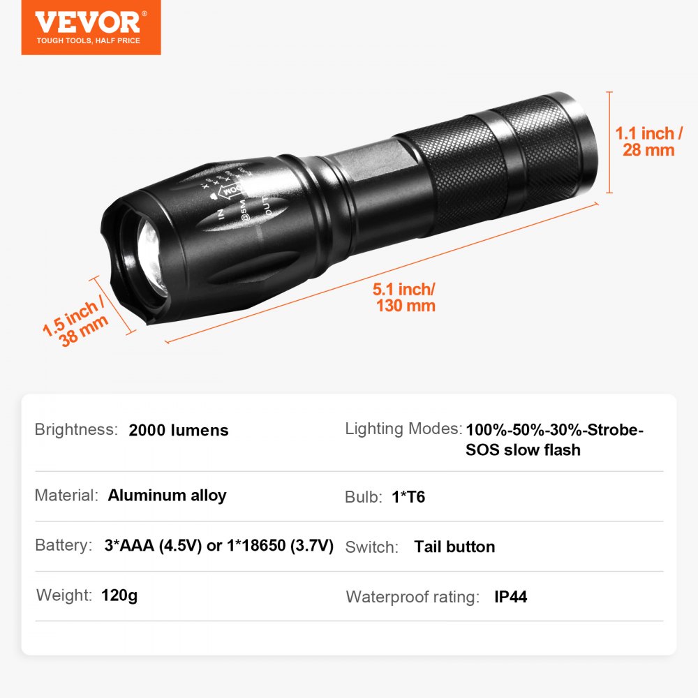 VEVOR 2 Pack Flashlights Torch, 2000 High Lumens 5 Modes Adjustable Focus Flashlight, IP44 LED Waterproof Handheld Flashlight for Camping Cycling Hiking Fishing Emergency