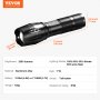 VEVOR high lumens flashlight, 2000 lumens, aluminum alloy, dimensions, lighting modes, and specs detailed.