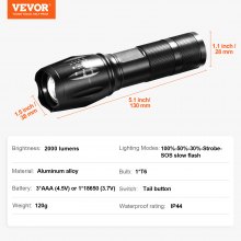 VEVOR 2 Pack Flashlights 2000 High Lumens 5 Modes Adjustable Focus Flashlight