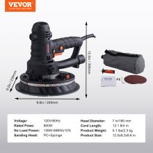 VEVOR Drywall Sander, 800W Electric Sander with 12 Sanding Discs, Variable Speed 1200-2300 RPM Wall Sander with Automatic Vacuum Dust Collection System, Double LED Lights, Dust Bag, Detachable Edge