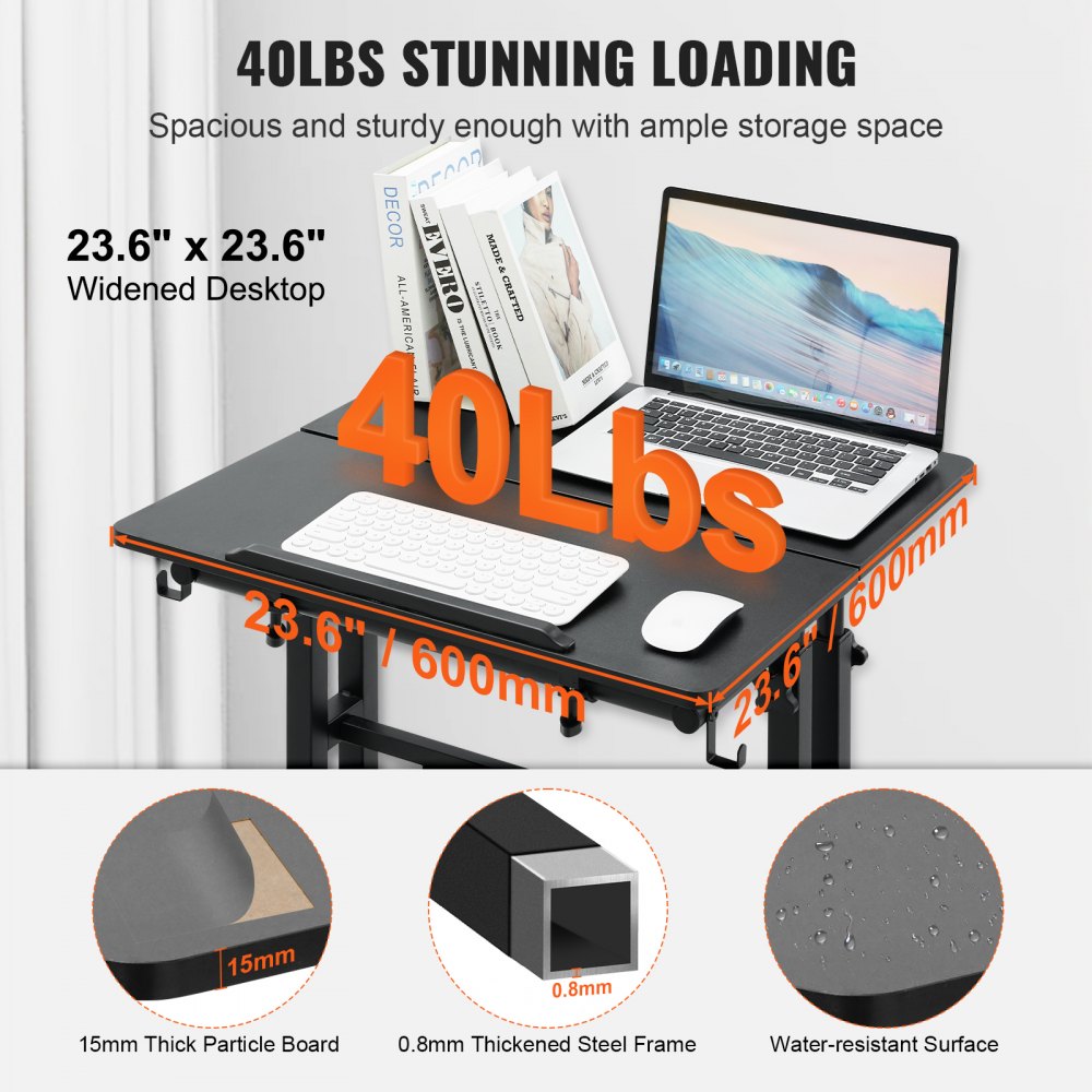 VEVOR mobilt stående skrivebord, 26,4"-44,9" gasfjeder-højdejusterbart sidde-stå-skrivebord, 360° drejelige hjul (4 låsbare) Hjemmekontor rullende bærbart bord og 0-45° vipbart skrivebord, 2 kroge, 40 LBS belastning