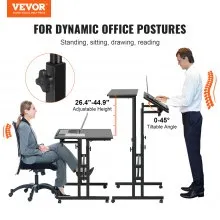 VEVOR Mobile Standing Desk, 26.4"-44.9" Gas-Spring Height Adjustable Sit-Stand Desk, Home Office Rolling Laptop Table 360° Swivel Wheels (4 Lockable), 0-45° Tillable Desktop, 2 Hooks, 40LBS Loading
