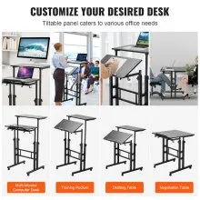 VEVOR Mobile Standing Desk, 26.4"-44.9" Gas-Spring Height Adjustable Sit-Stand Desk, Home Office Rolling Laptop Table 360° Swivel Wheels (4 Lockable), 0-45° Tillable Desktop, 2 Hooks, 40LBS Loading