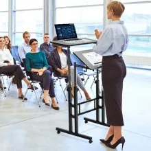 VEVOR Mobile Standing Desk, 26.4"-44.9" Gas-Spring Height Adjustable Sit-Stand Desk, Home Office Rolling Laptop Table 360° Swivel Wheels (4 Lockable), 0-45° Tillable Desktop, 2 Hooks, 40LBS Loading