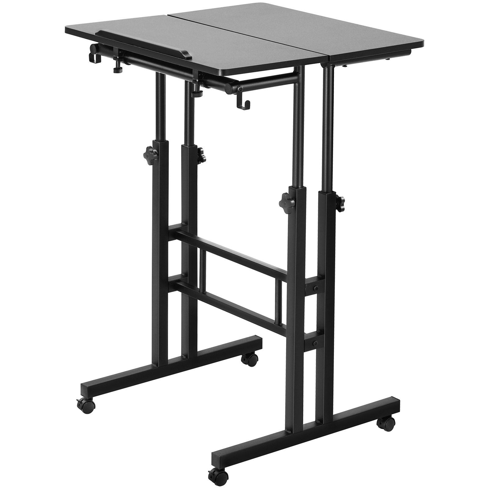 VEVOR mobilt stående skrivebord, 26,4"-44,9" gasfjeder-højdejusterbart sidde-stå-skrivebord, 360° drejelige hjul (4 låsbare) Hjemmekontor rullende bærbart bord og 0-45° vipbart skrivebord, 2 kroge, 40 LBS belastning