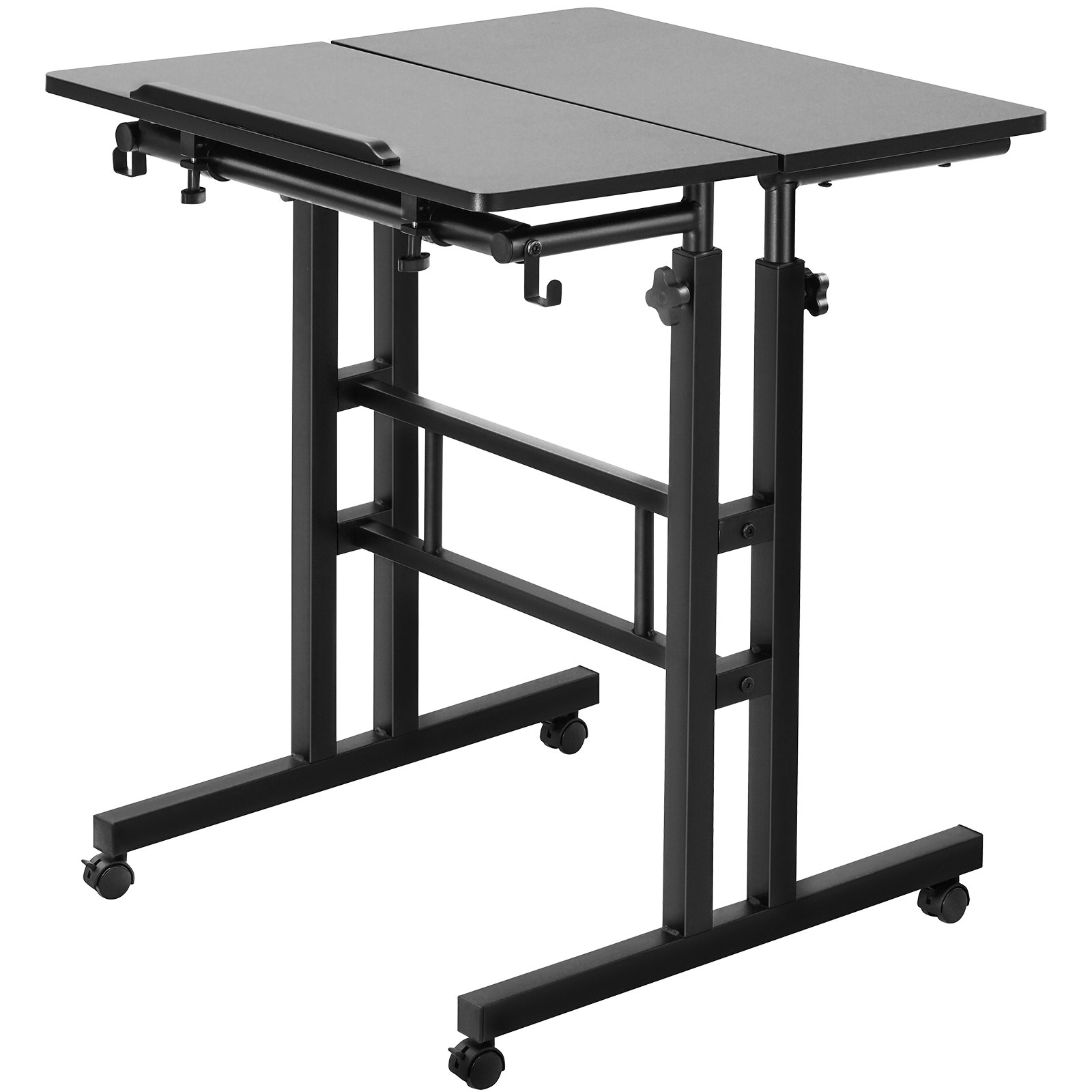 VEVOR mobilt stående skrivebord, 26,4"-44,9" gasfjeder-højdejusterbart sidde-stå-skrivebord, 360° drejelige hjul (4 låsbare) Hjemmekontor rullende bærbart bord og 0-45° vipbart skrivebord, 2 kroge, 40 LBS belastning