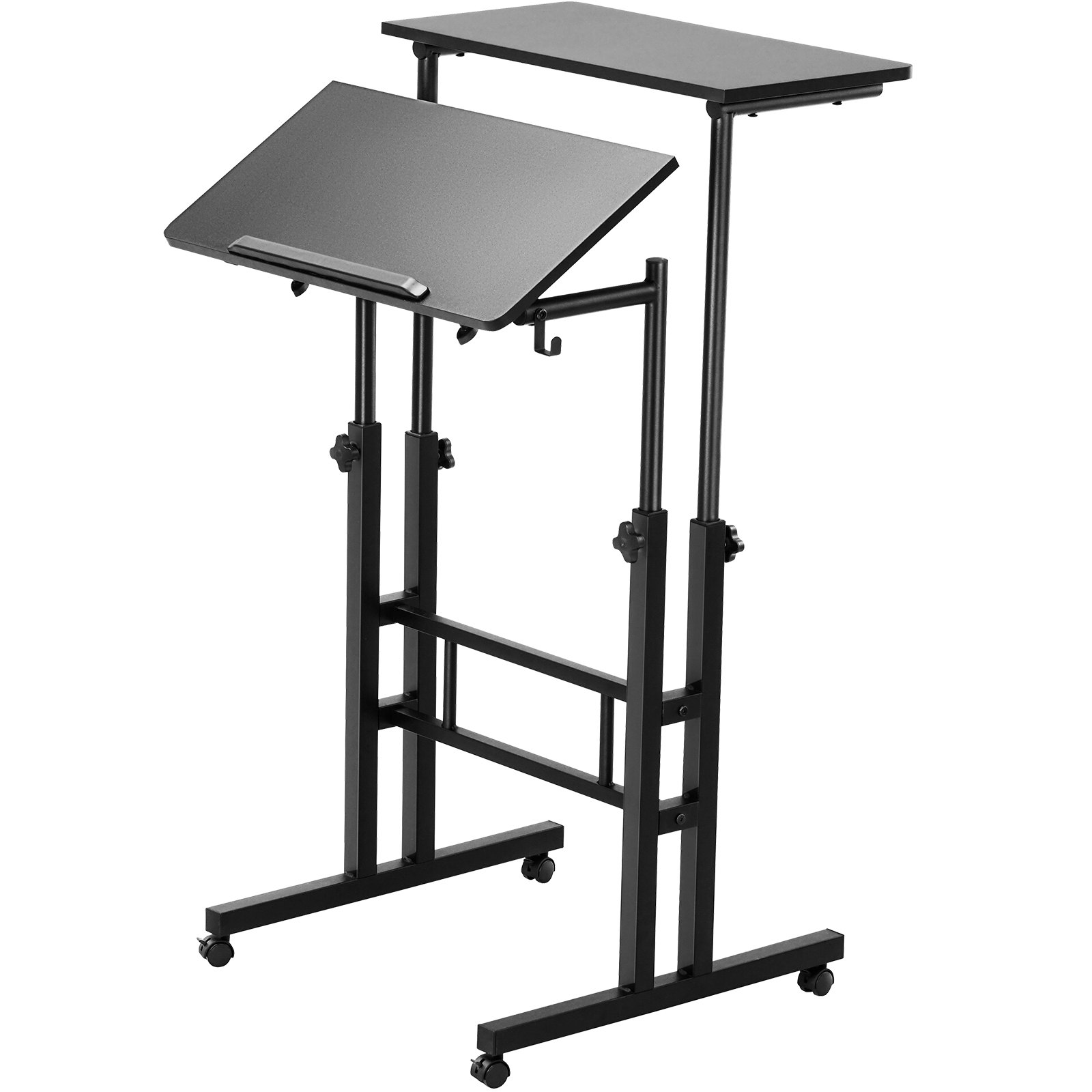 VEVOR mobilt stående skrivebord, 26,4"-44,9" gasfjeder-højdejusterbart sidde-stå-skrivebord, 360° drejelige hjul (4 låsbare) Hjemmekontor rullende bærbart bord og 0-45° vipbart skrivebord, 2 kroge, 40 LBS belastning