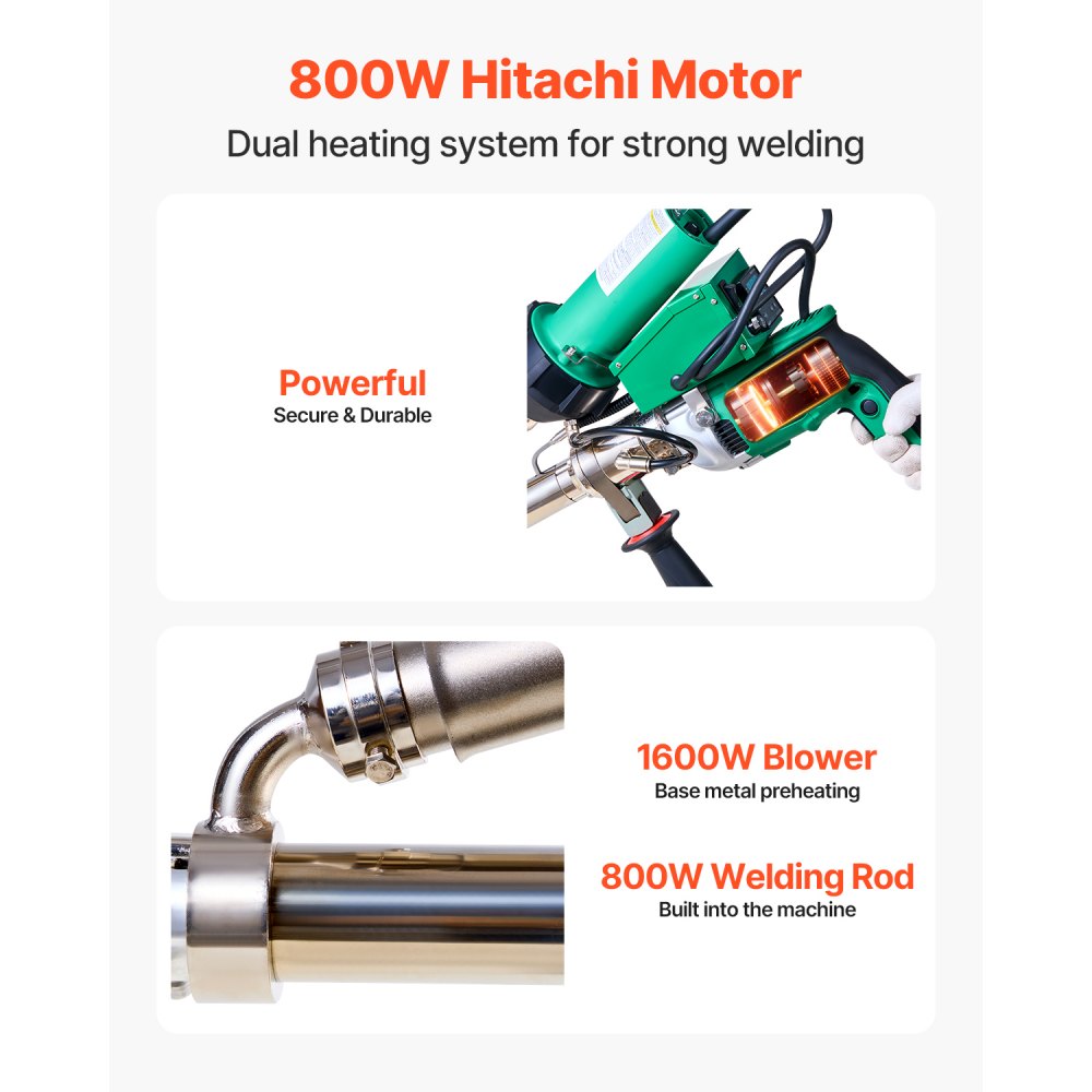 VEVOR Handheld Plastic Welding Extruder, 800W Hitachi Motor Extrusion Welding Gun - 0.79 in Weld Width & 360° Nozzle, Dual Heating System PP PE PVC HDPE Extrusion Welder for Membrane Pipe Plate