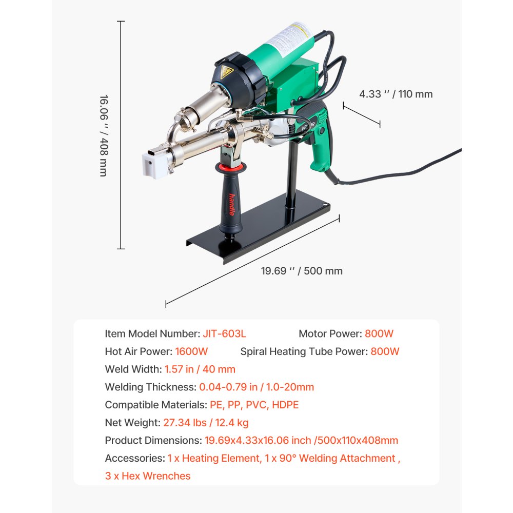 VEVOR Handheld Plastic Welding Extruder, 800W Hitachi Motor Extrusion Welding Gun - 0.79 in Weld Width & 360° Nozzle, Dual Heating System PP PE PVC HDPE Extrusion Welder for Membrane Pipe Plate
