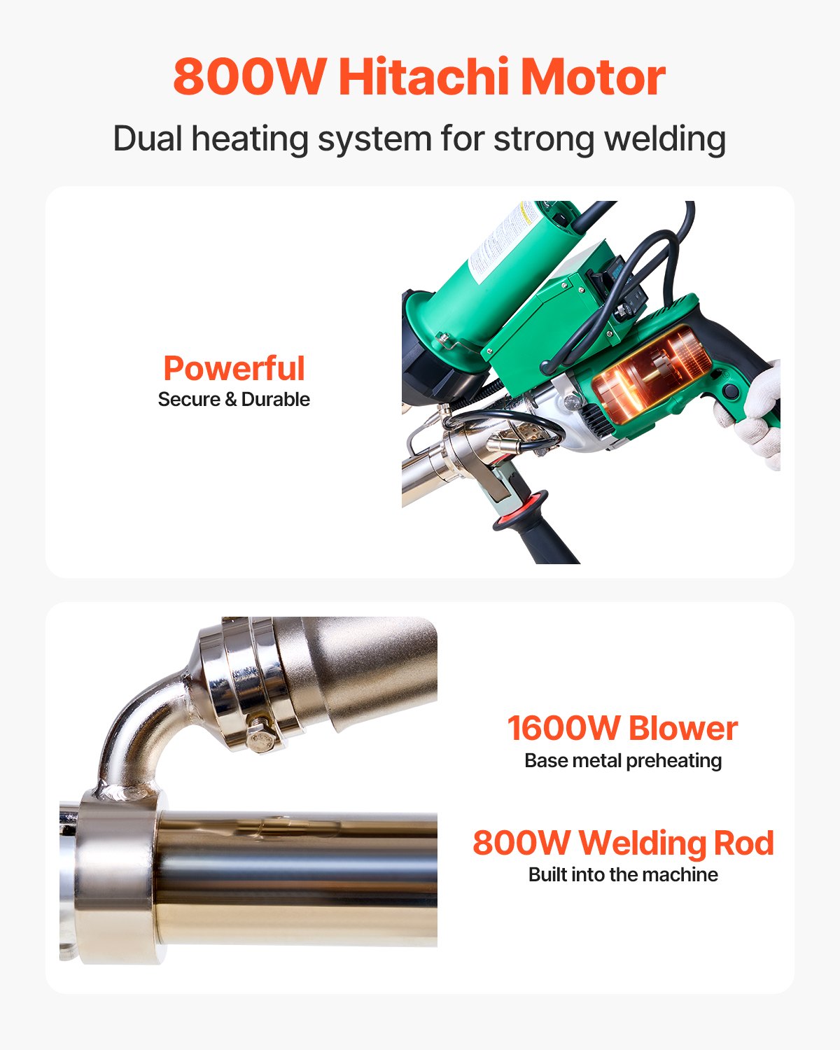 VEVOR Handheld Plastic Welding Extruder, 800W Hitachi Motor Extrusion Welding Gun - 0.79 in Weld Width & 360° Nozzle, Dual Heating System PP PE PVC HDPE Extrusion Welder for Membrane Pipe Plate