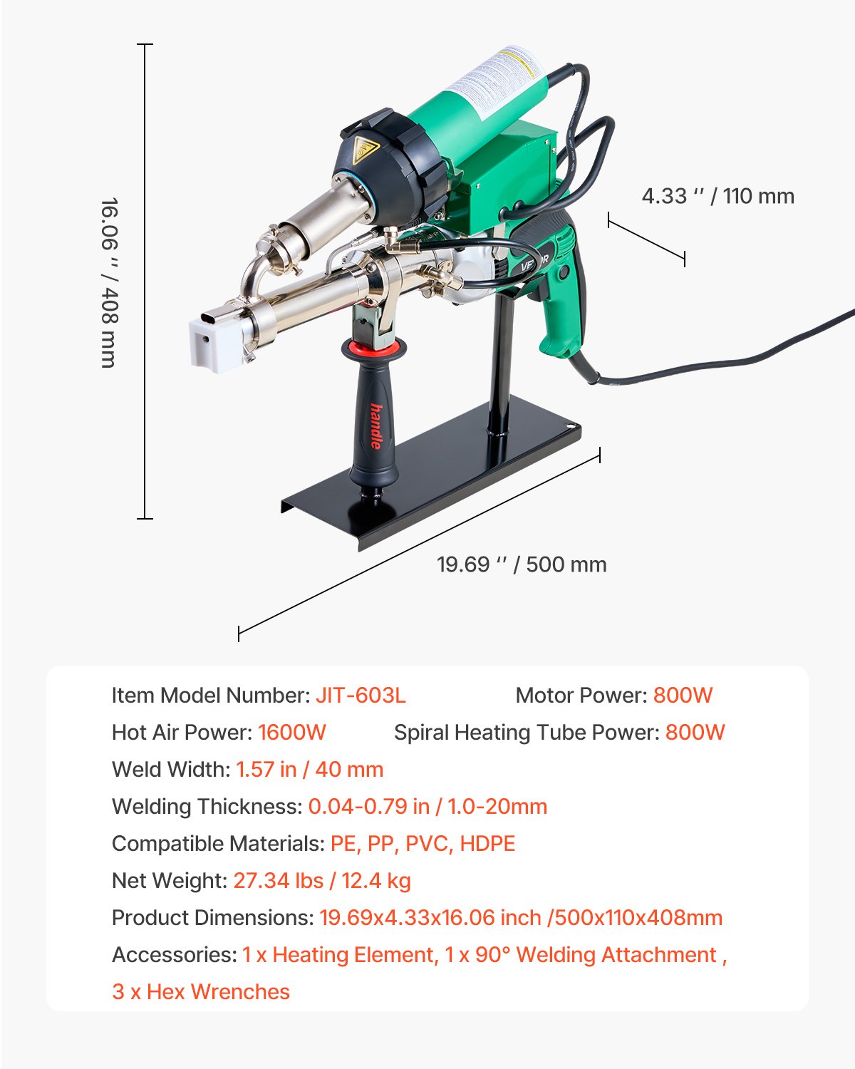 VEVOR Handheld Plastic Welding Extruder, 800W Hitachi Motor Extrusion Welding Gun - 0.79 in Weld Width & 360° Nozzle, Dual Heating System PP PE PVC HDPE Extrusion Welder for Membrane Pipe Plate