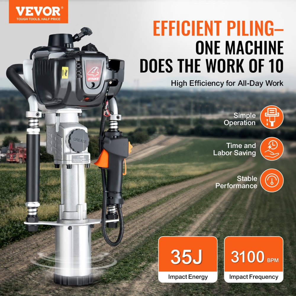 VEVOR - Hincador de postes en T a gasolina de 37,77 cc, motor de 4 tiempos, para cercas, con cabezal de hincado de 3 postes (45/55/88 mm), hincador de postes portátil de 1000 W para cercas de granjas y ranchos, y mejoras de carreteras.