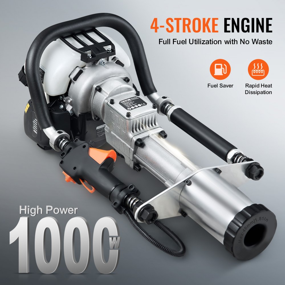 VEVOR - Hincador de postes en T a gasolina de 37,77 cc, motor de 4 tiempos, para cercas, con cabezal de hincado de 3 postes (45/55/88 mm), hincador de postes portátil de 1000 W para cercas de granjas y ranchos, y mejoras de carreteras.