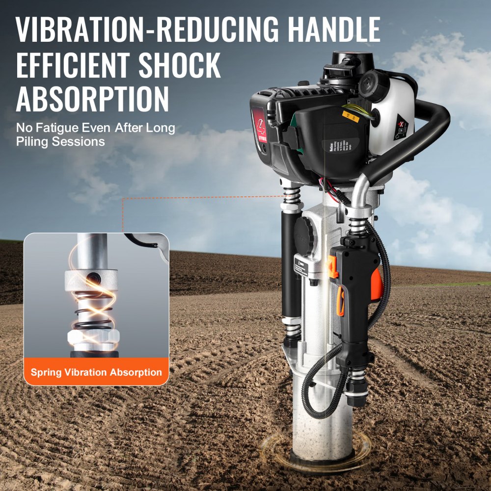 VEVOR - Hincador de postes en T a gasolina de 37,77 cc, motor de 4 tiempos, para cercas, con cabezal de hincado de 3 postes (45/55/88 mm), hincador de postes portátil de 1000 W para cercas de granjas y ranchos, y mejoras de carreteras.