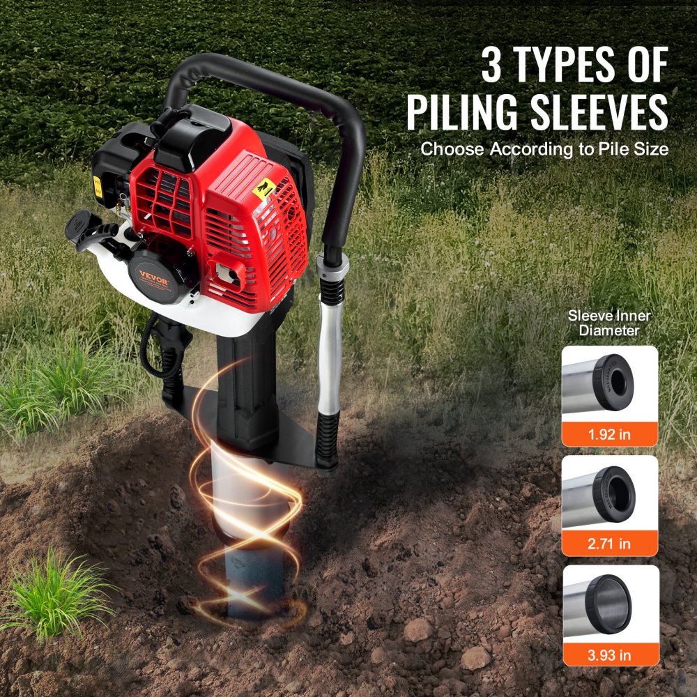 VEVOR 52cc Gas-Powered T Post Driver, 2-Stroke Engine Gasoline Fence Piling Pounder, 1300W Portable Piledriver with 3 Post Driving Head(49/69/100 mm) , For Farm, Ranch Fencing, Road Improvements